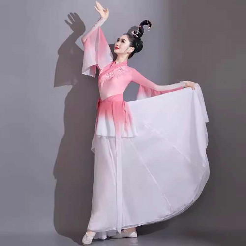 Pink Gradient Chinese folk Classical dance costume for women girls fairy Hanfu Chinese fan umbrella yangge flowy Dance dresses art test solo dance clothes for female
